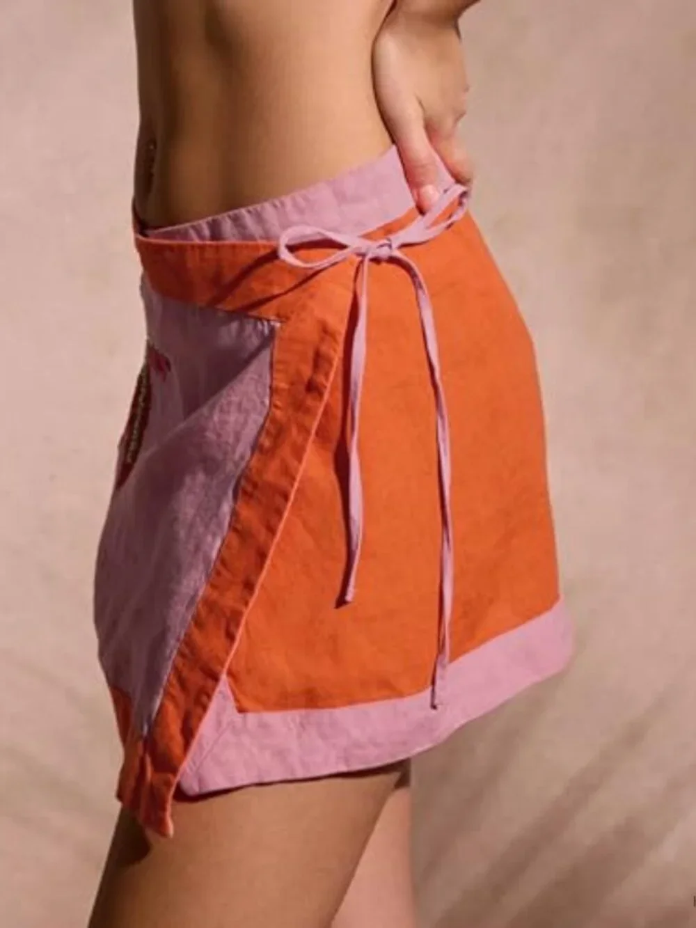 Embroidered Wrap Mini Skirt Cotton Linen A-Line High Waist Boho Beach Summer
